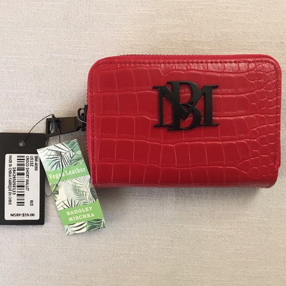 Badgley Mischka Small Red Zip Coin ID Card Wallet Vegan Croco Leather Black Logo - Picture 2 of 11